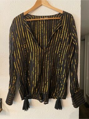 Karina Grimaldi Black Blouse with Gold Metallic Stripes 100% Cotton XSMALL